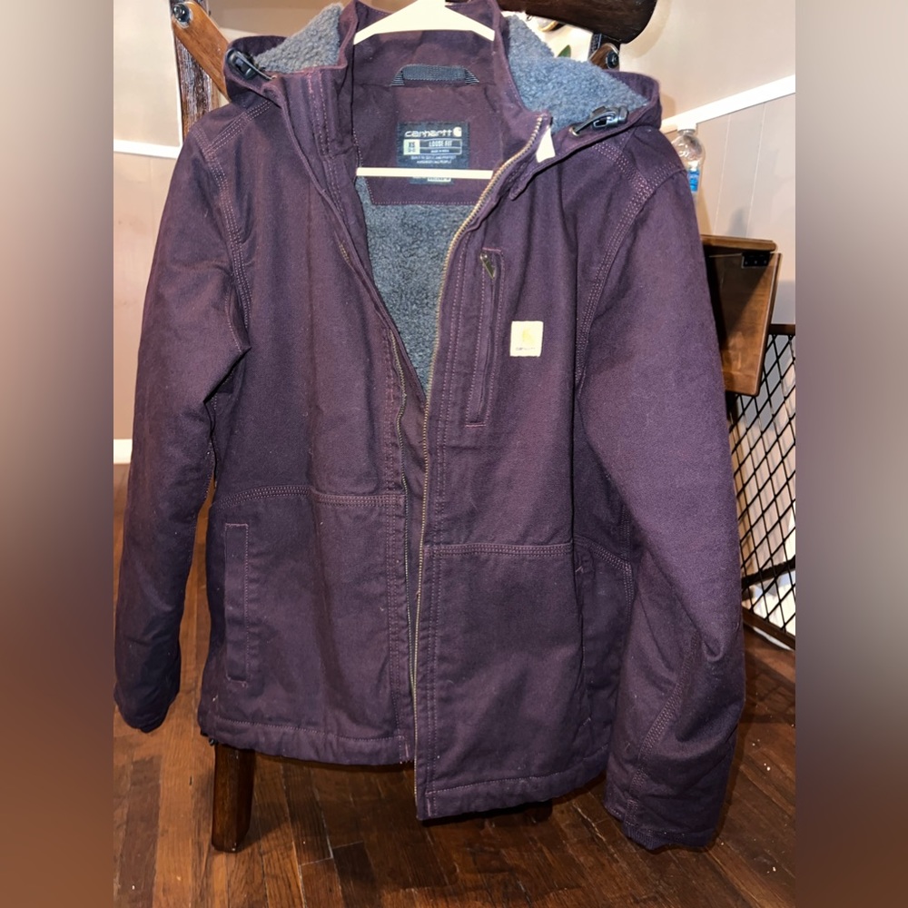 NWOT Carhartt Loose-Fit Washed Duck Sherpa-Lined Jacket Duck Coat BlackBerry XS